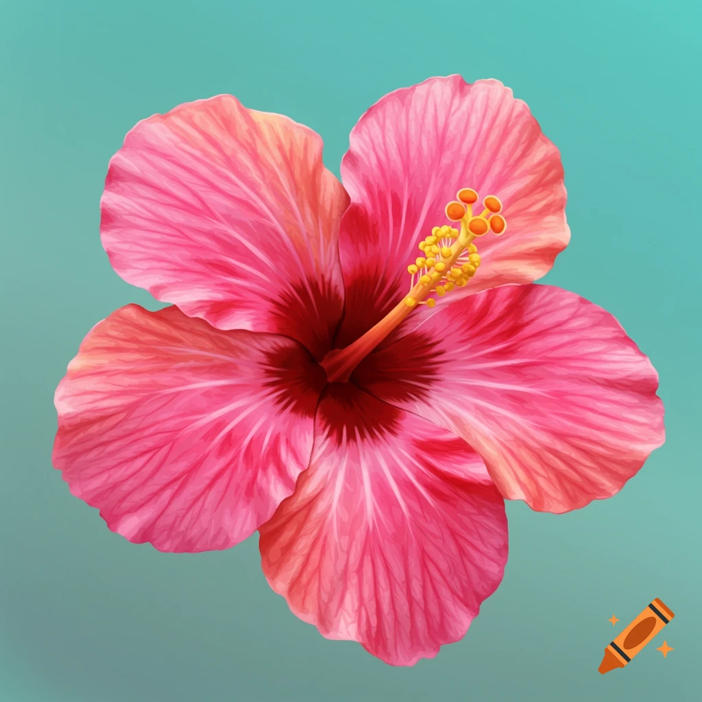 A close-up illustration of a pink hibiscus flower on a blue gradient background.
