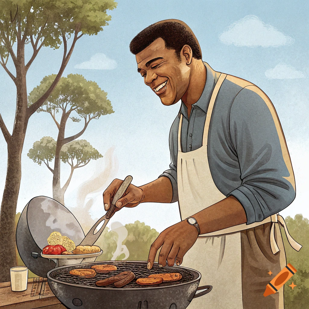Smiling Black man grilling food on a barbecue outdoors in an illustrated style.