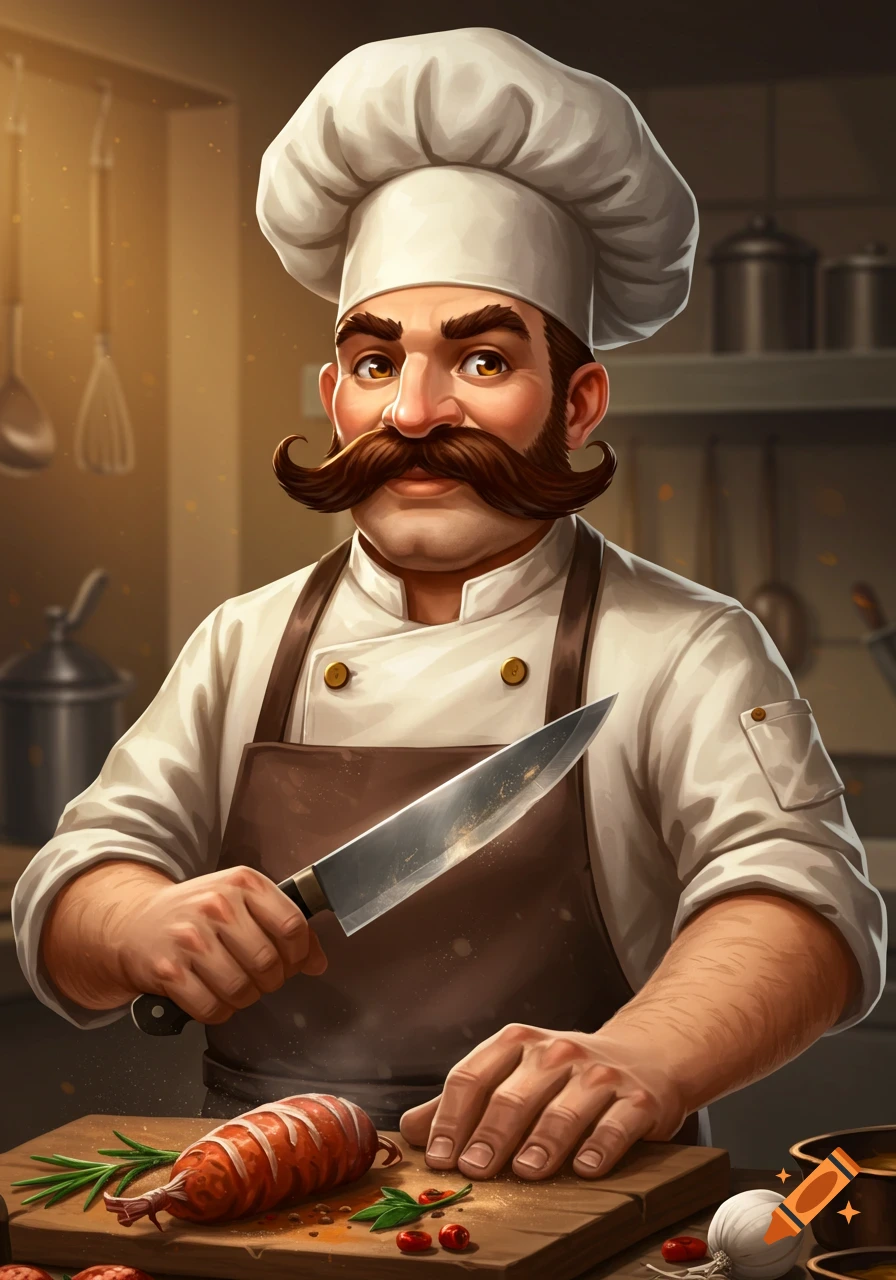 A fantasy chef with a large mustache holds a knife over a cutting board with meat and herbs.