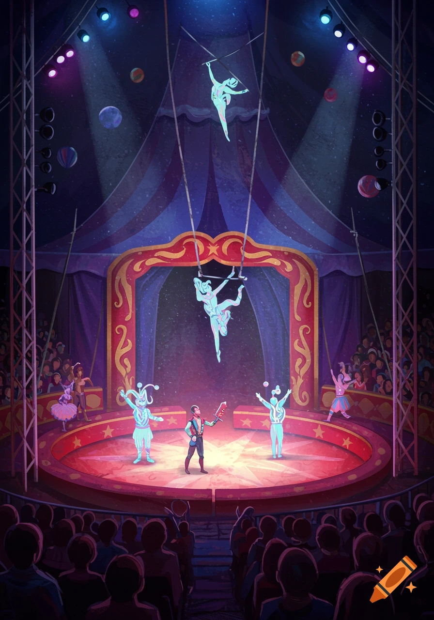 Digital illustration of a circus scene with performers on stage and trapeze artists.