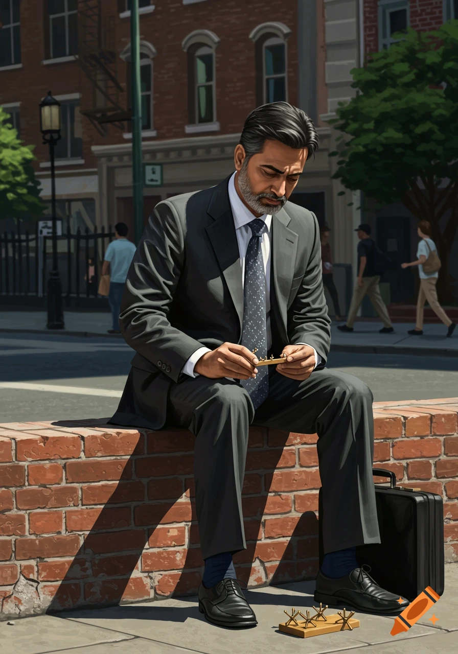 A man in a suit sits on a brick wall on a city street, looking down and playing jacks.