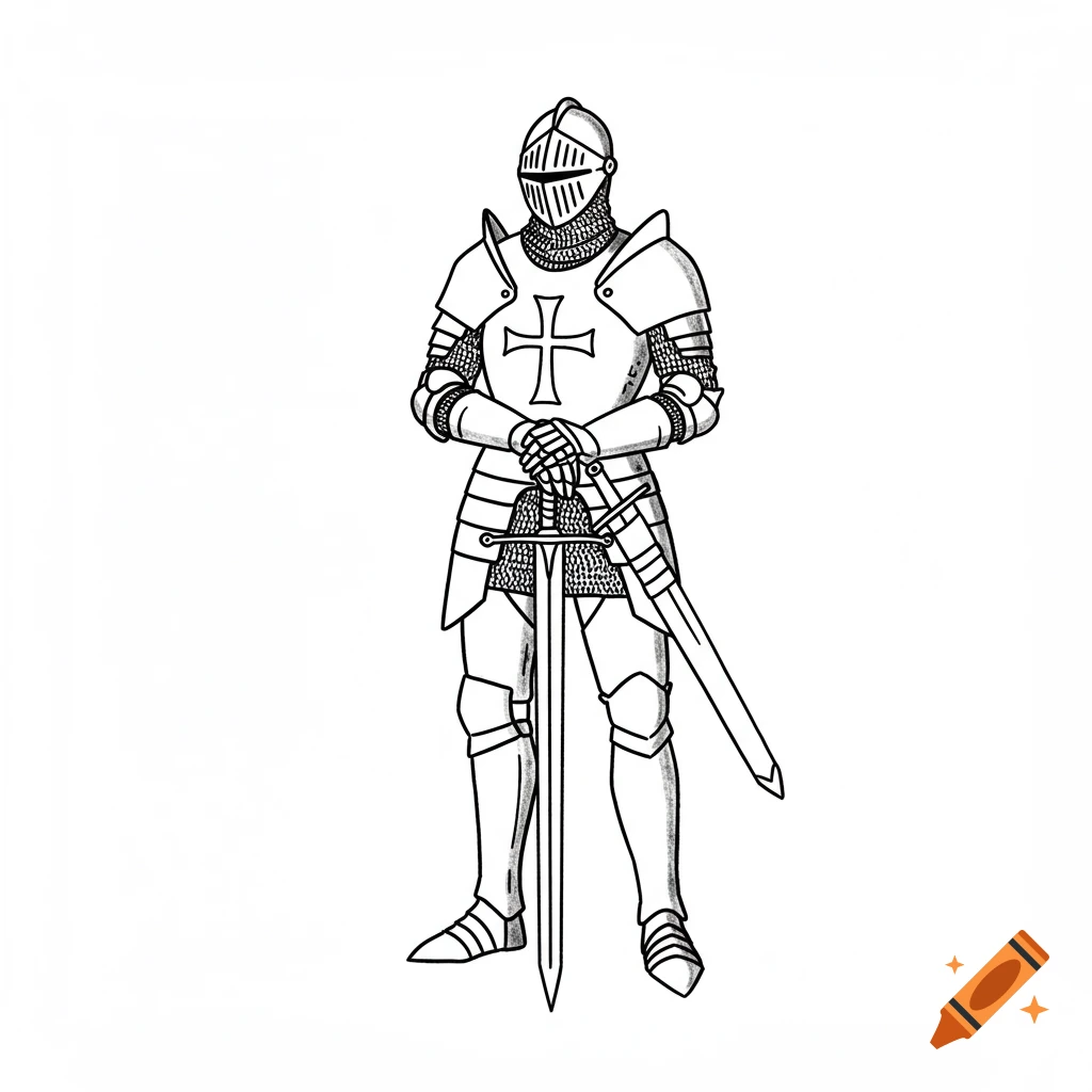 Simple black and white linework drawing of a knight in full armor holding a sword.