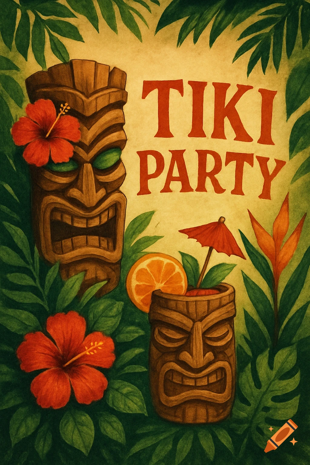Illustration of a tiki mask and mug cocktail surrounded by tropical leaves and flowers, with text 'TIKI PARTY'.
