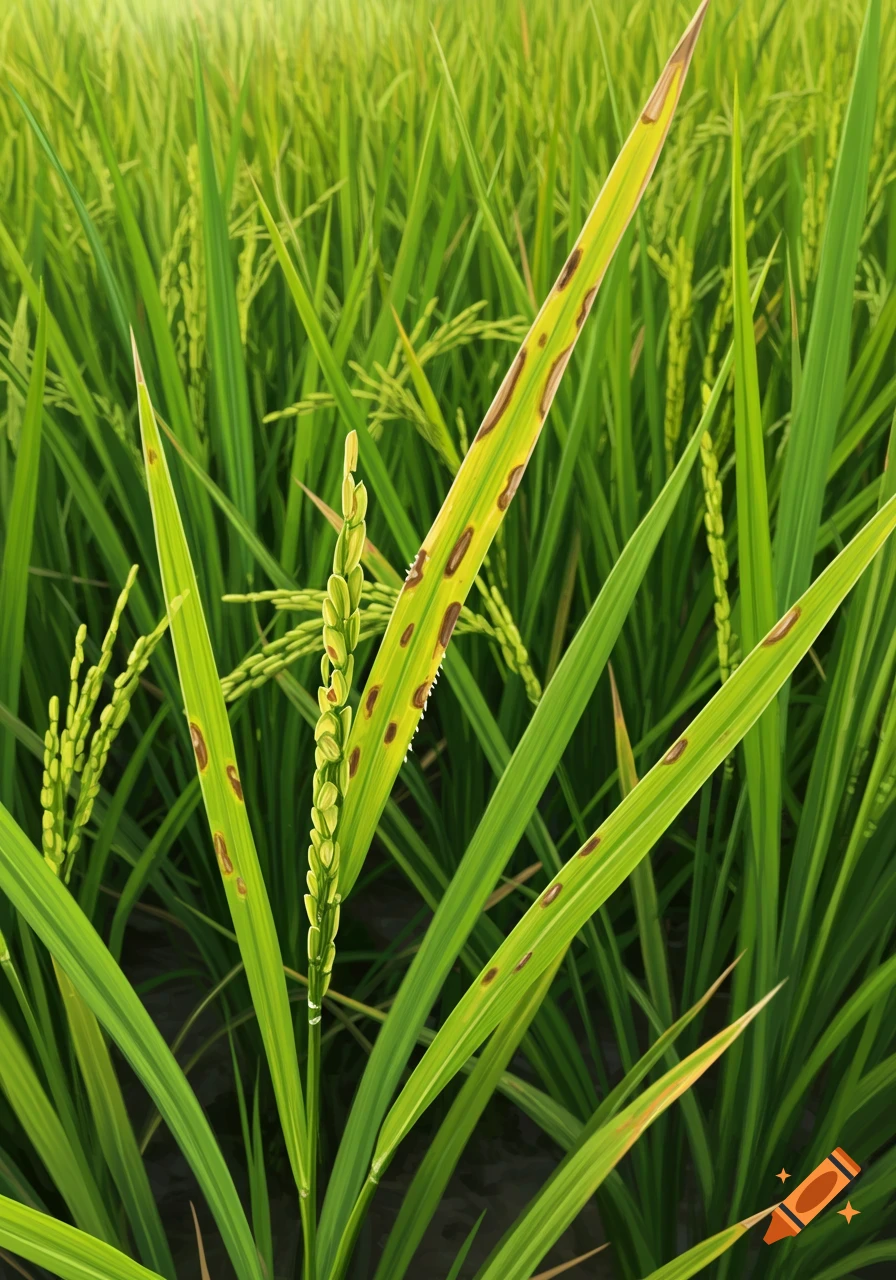 Single Rice Leaf Close-up of a rice plant leaf and stem showing brown disease spots ...