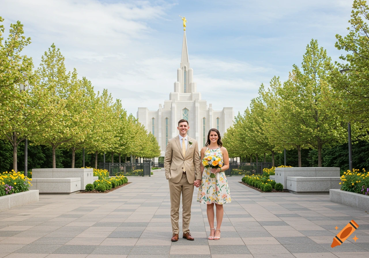 A couple poses for a photo in front of a white temple. The man wears a tan suit, the woman a white floral dress.