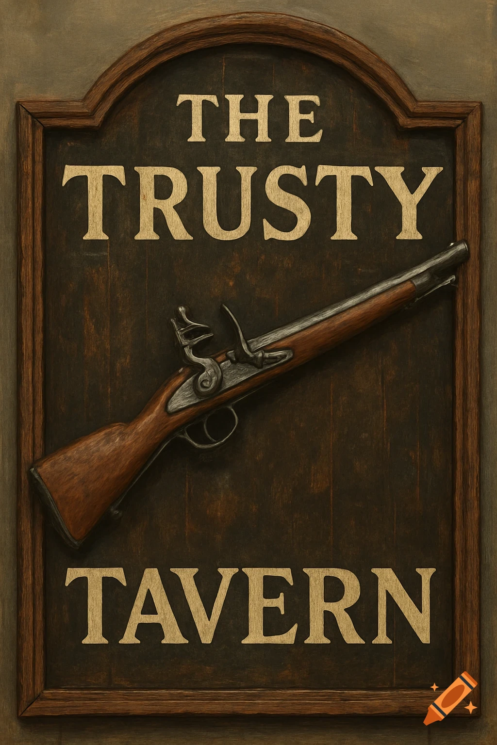 Wooden sign for The Trusty Tavern with a musket rifle