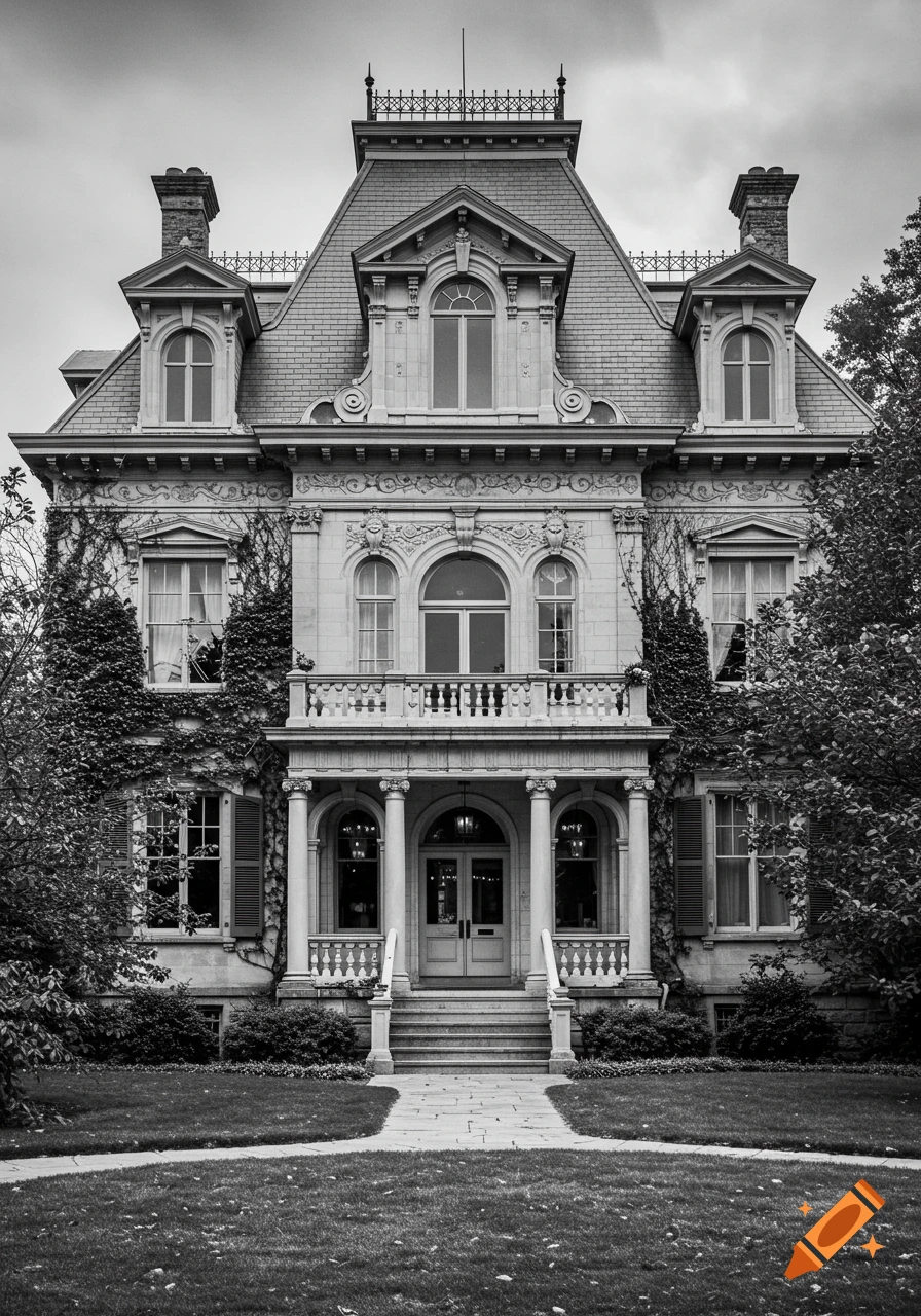 A grand Victorian mansion in black and white, covered in ivy, with a balcony and staircase leading to the entrance.