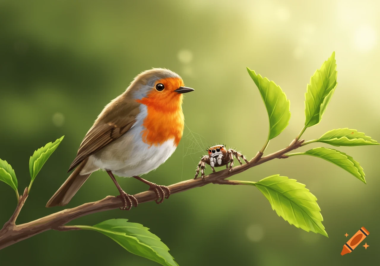A robin and a jumping spider sit on a branch in soft light.