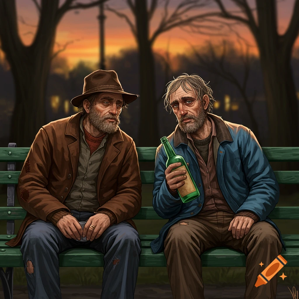 Two weary men sit on a park bench at dusk, one holding a bottle. Illustrated style.
