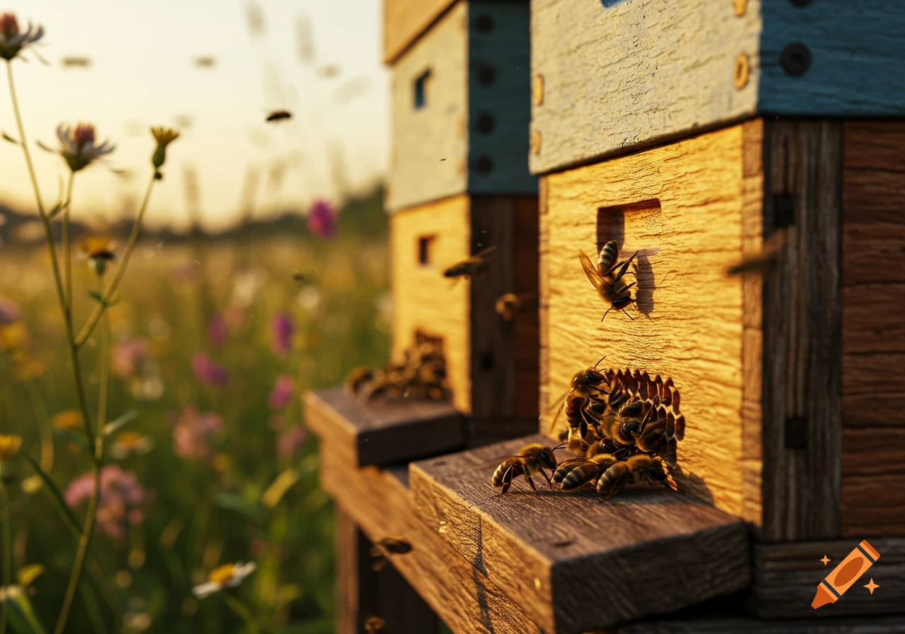 Photorealistic image of bees flying around wooden beehives in a sunlit field