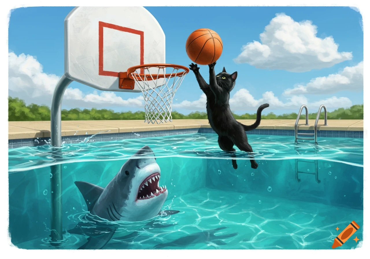 Illustration of a black cat dunking a basketball in a pool while a shark watches.