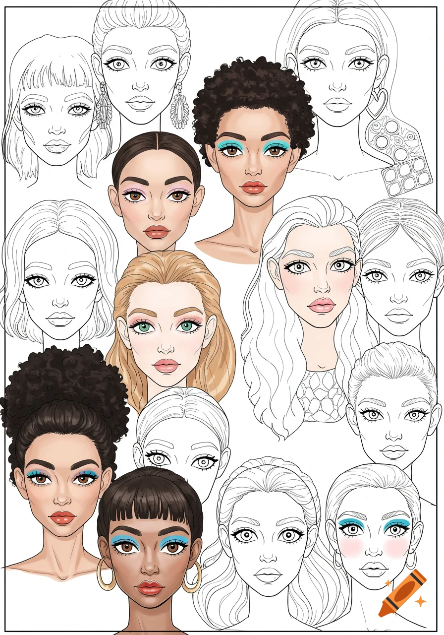Illustrated faces of women, some colored with makeup, others in outline, like a coloring page.