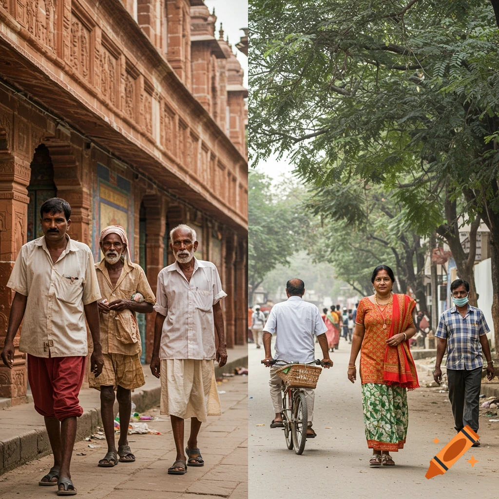 Split image showing street scenes in India. Left: men walk past ornate building. Right: people walk and bike on a street with trees.
