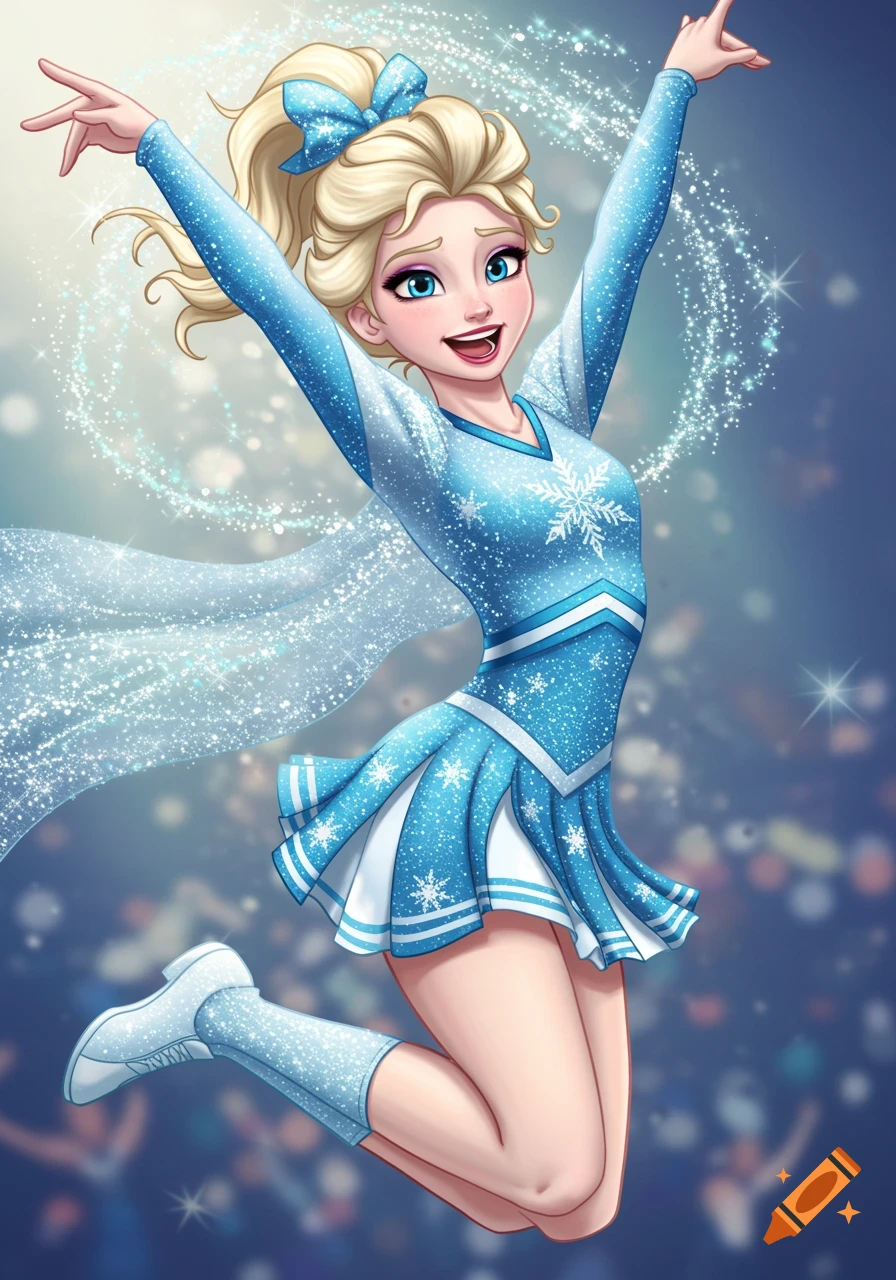 Cartoon illustration of Elsa from Frozen in a blue and white cheerleading outfit, jumping.