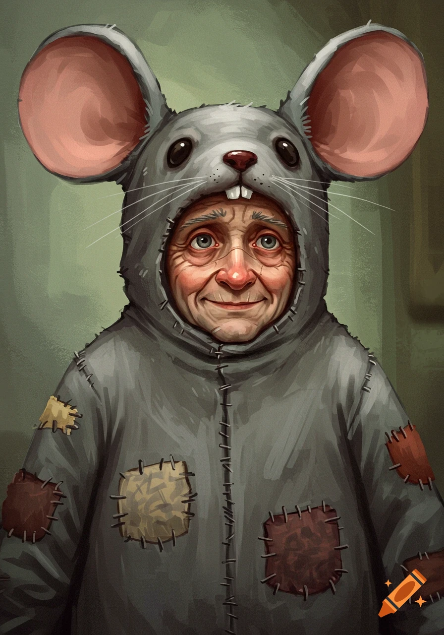 Illustrative portrait of an old person in a ragged mouse costume.