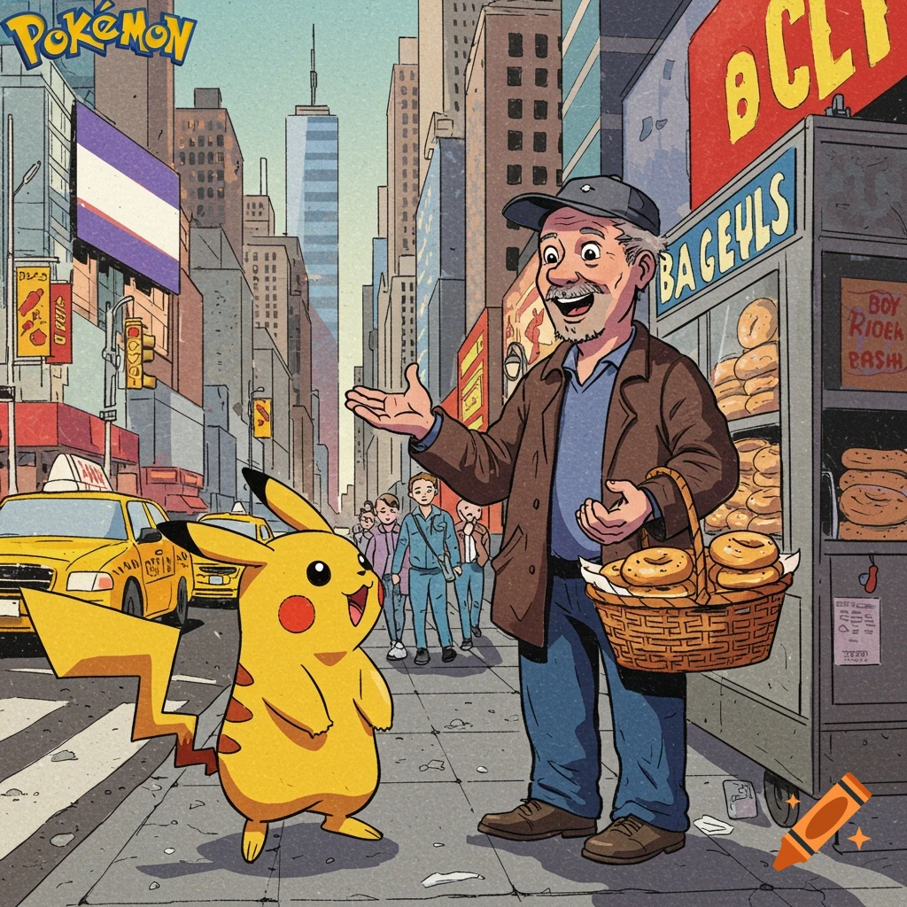 Pikachu standing next to a bagel salesman in New York City, cartoon style.