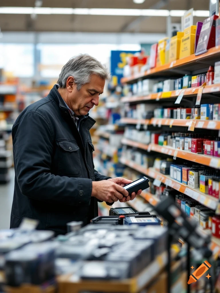 A man examines items on shelves in a store.