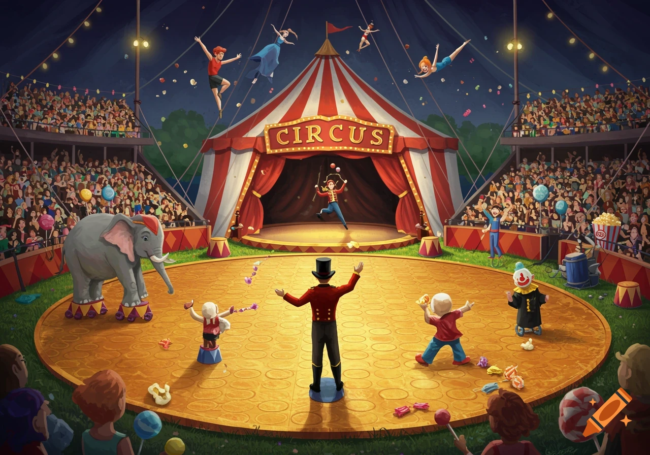 Illustration of a bustling circus performance under a big top tent with acrobats, an elephant, and a large audience.