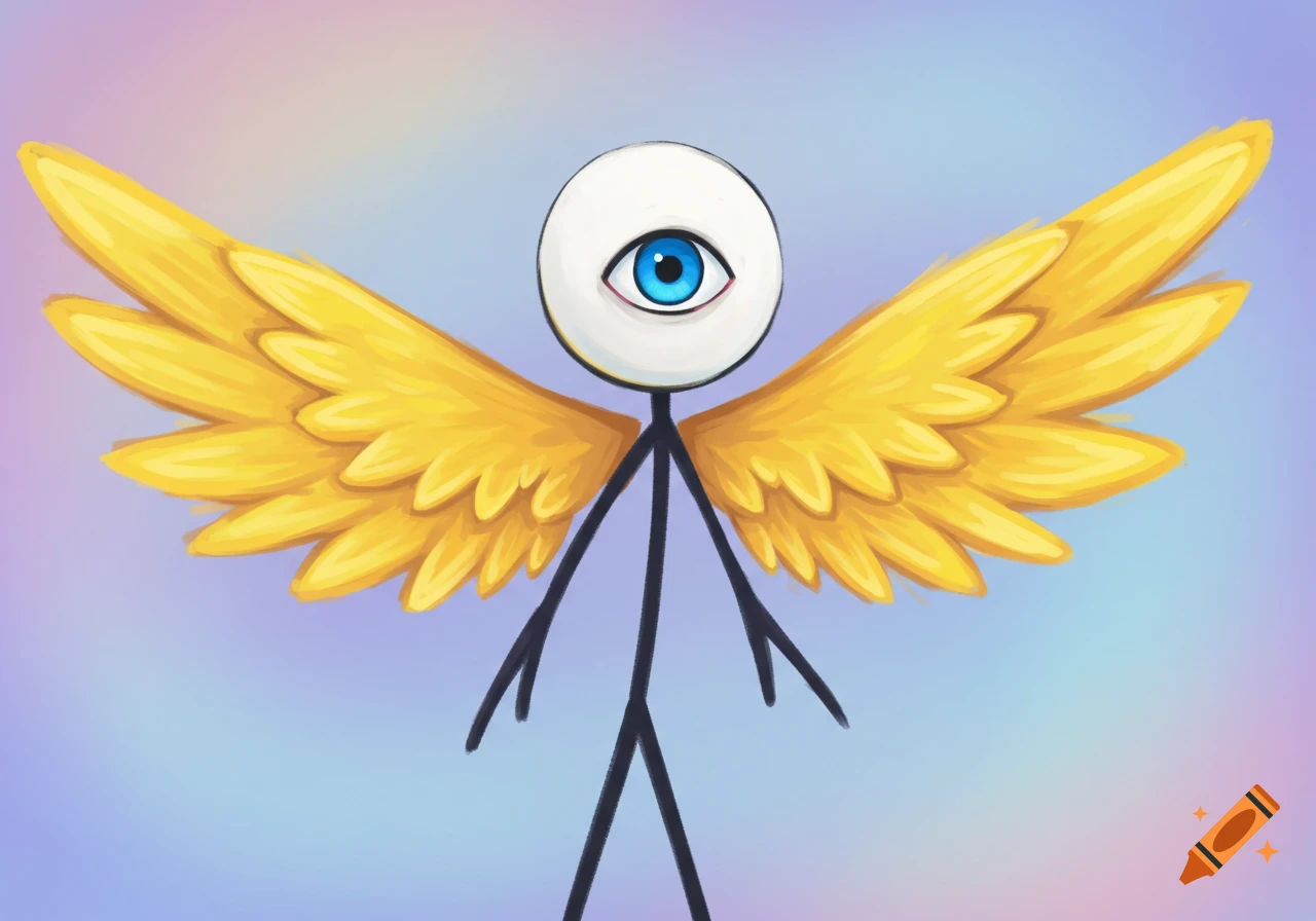 A stick figure with a large white head containing one blue eye, and large golden wings against a pastel background.