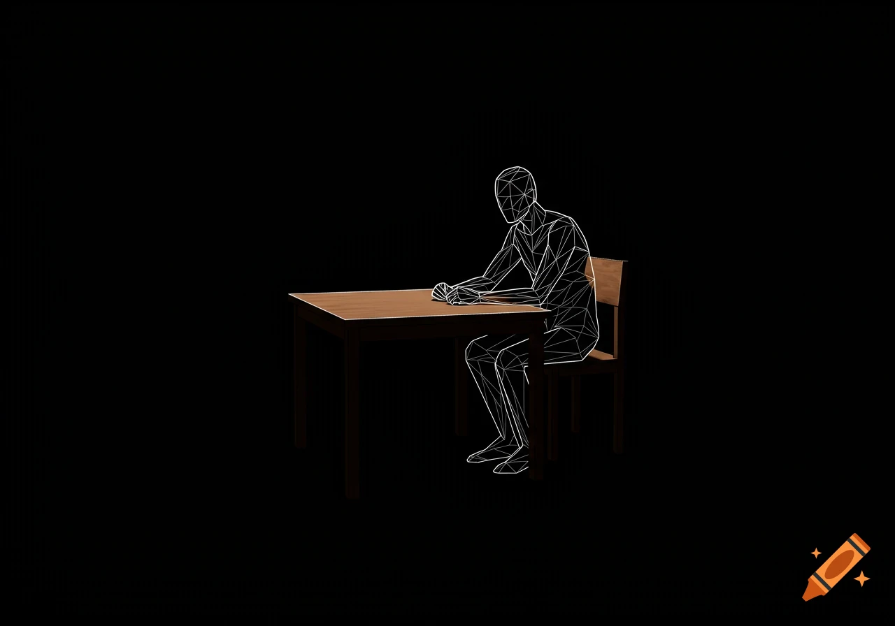 White wireframe outline of a person sitting at a table against a black background.