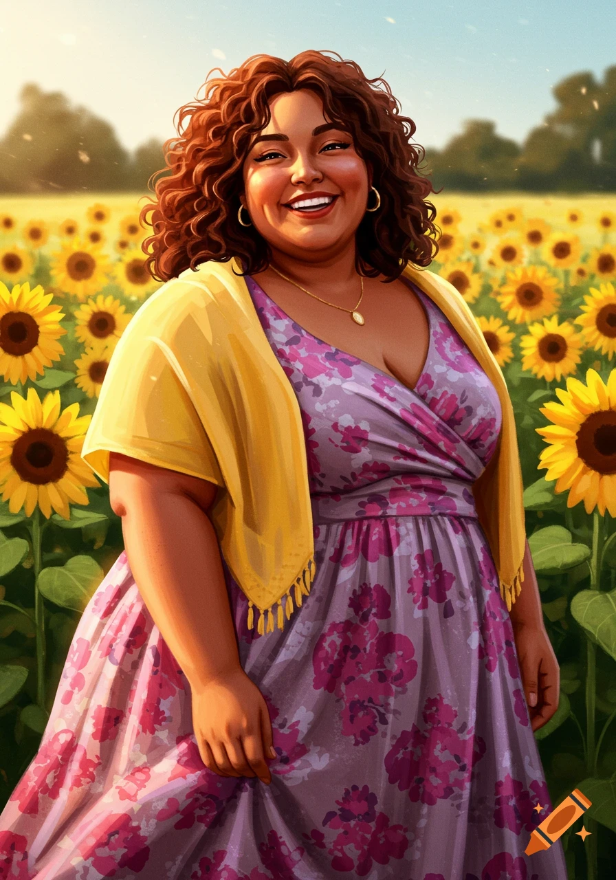 Smiling woman in a sunflower field, illustration style.