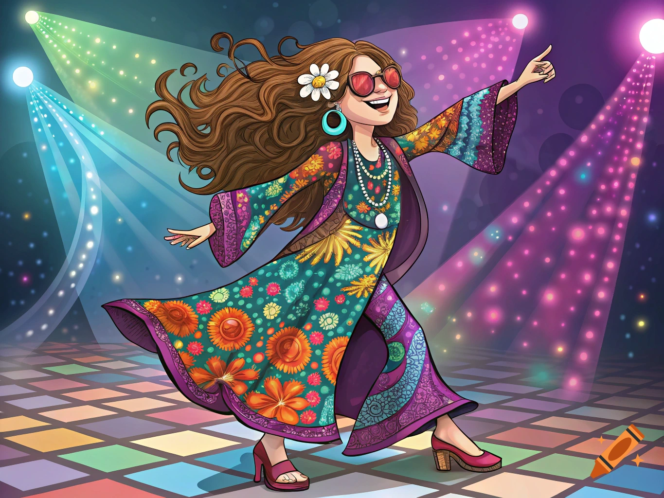 Cartoon illustration of a woman with long hair and flower sunglasses dancing under disco lights on a checkered floor.