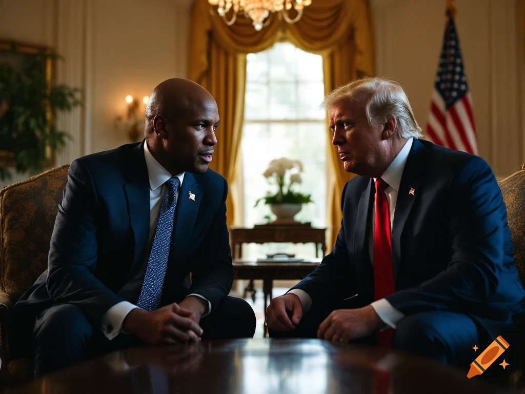 Chris Eubank Sr and Donald Trump sit and talk in a formal room.