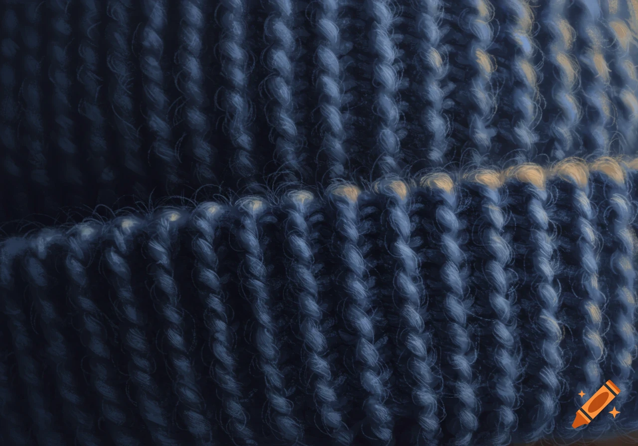 Close-up of dark blue knitted beanie texture with some lighter highlights.