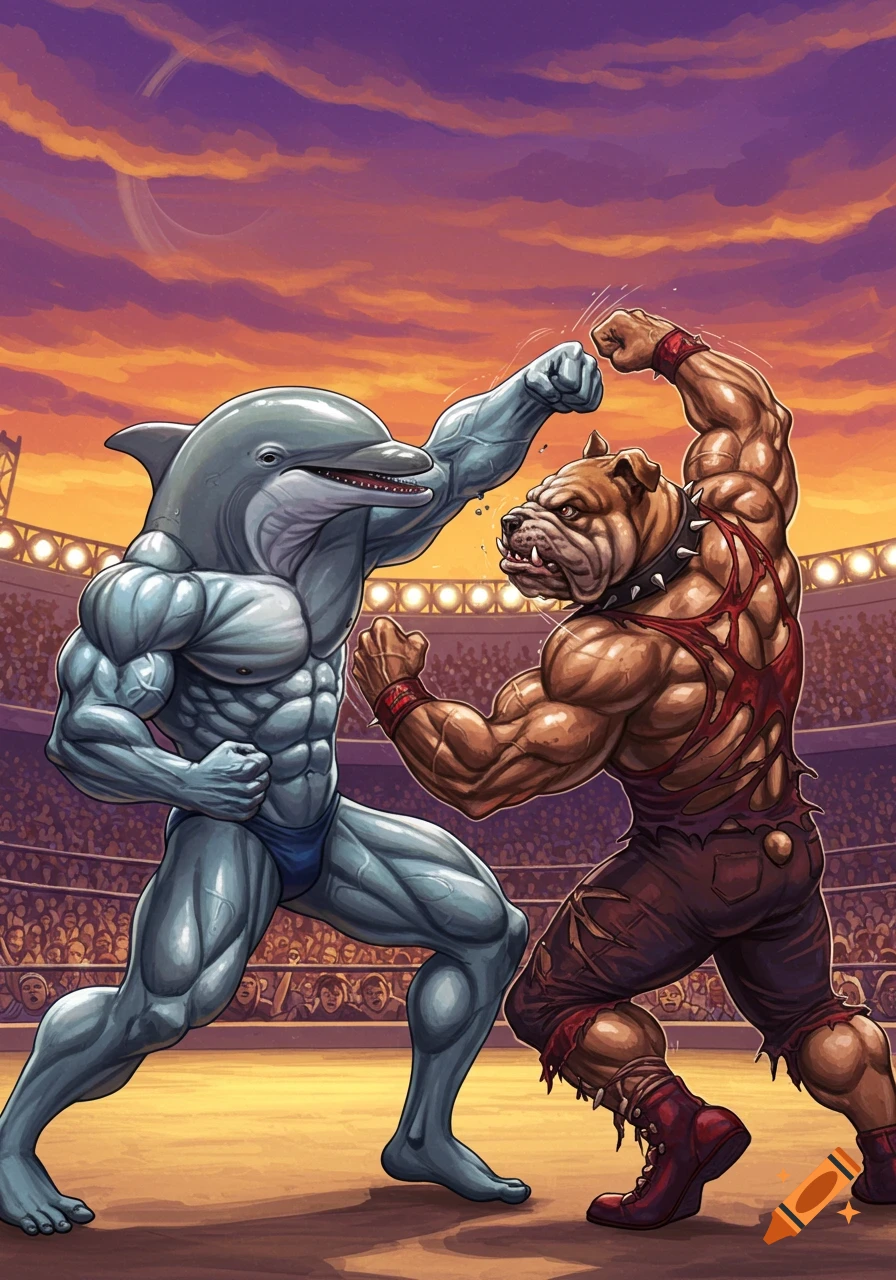 Cartoon illustration of a dolphin bodybuilder fighting a bulldog bodybuilder in a wrestling ring.