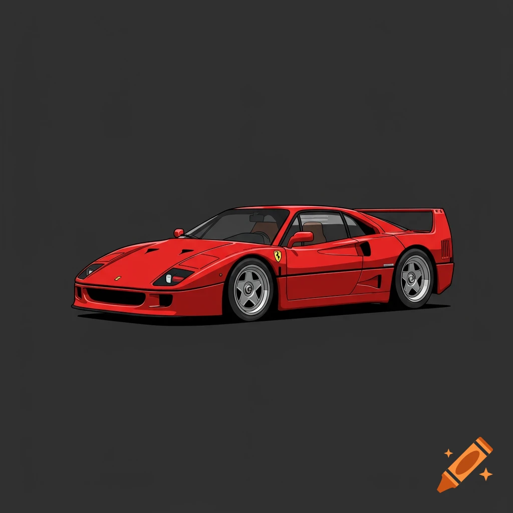 A red Ferrari F40 sports car in comic style on a dark grey background.