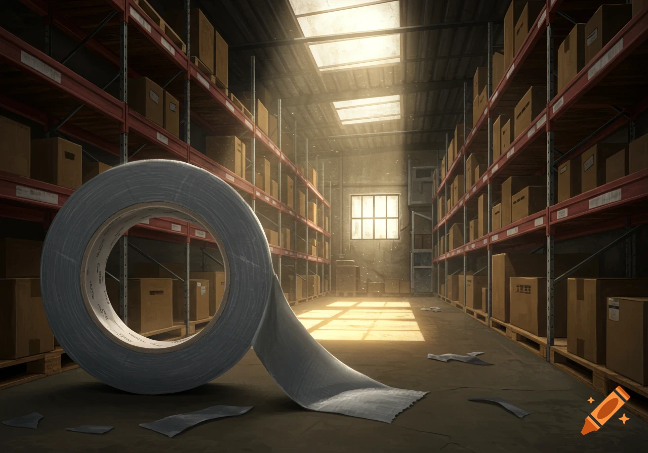 A large roll of duct tape sits on the floor of a warehouse with shelves of boxes illuminated by sunlight.
