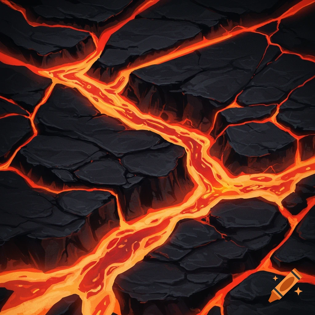 Stylized view of glowing orange lava flowing through dark cracked rocks.