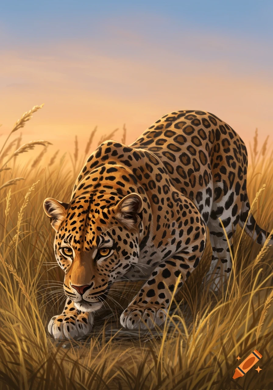 Illustration of a leopard crouching in tall golden grass at sunset.