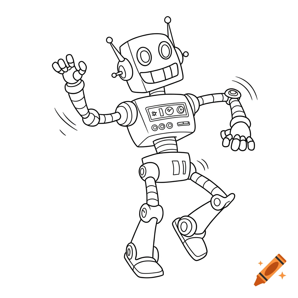 Black and white line drawing of a dancing robot, coloring page style.