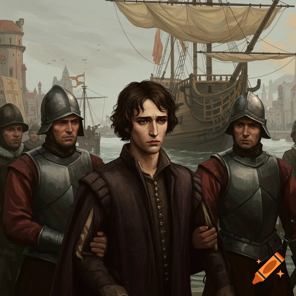 Illustration of a young man led by armored guards beside a large sailing ship at a port.