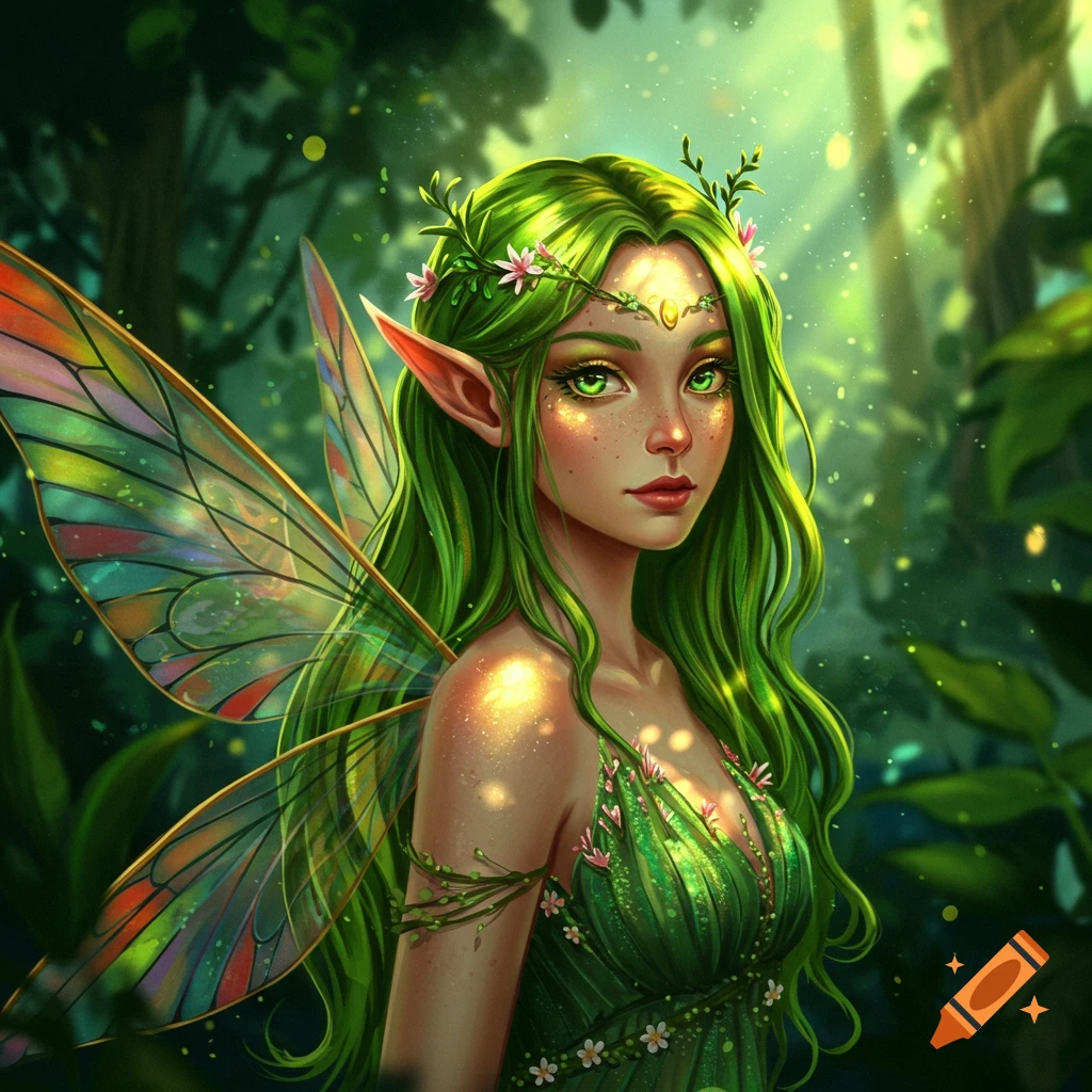 Digital art portrait of a fantasy nymph with green hair and colorful ...