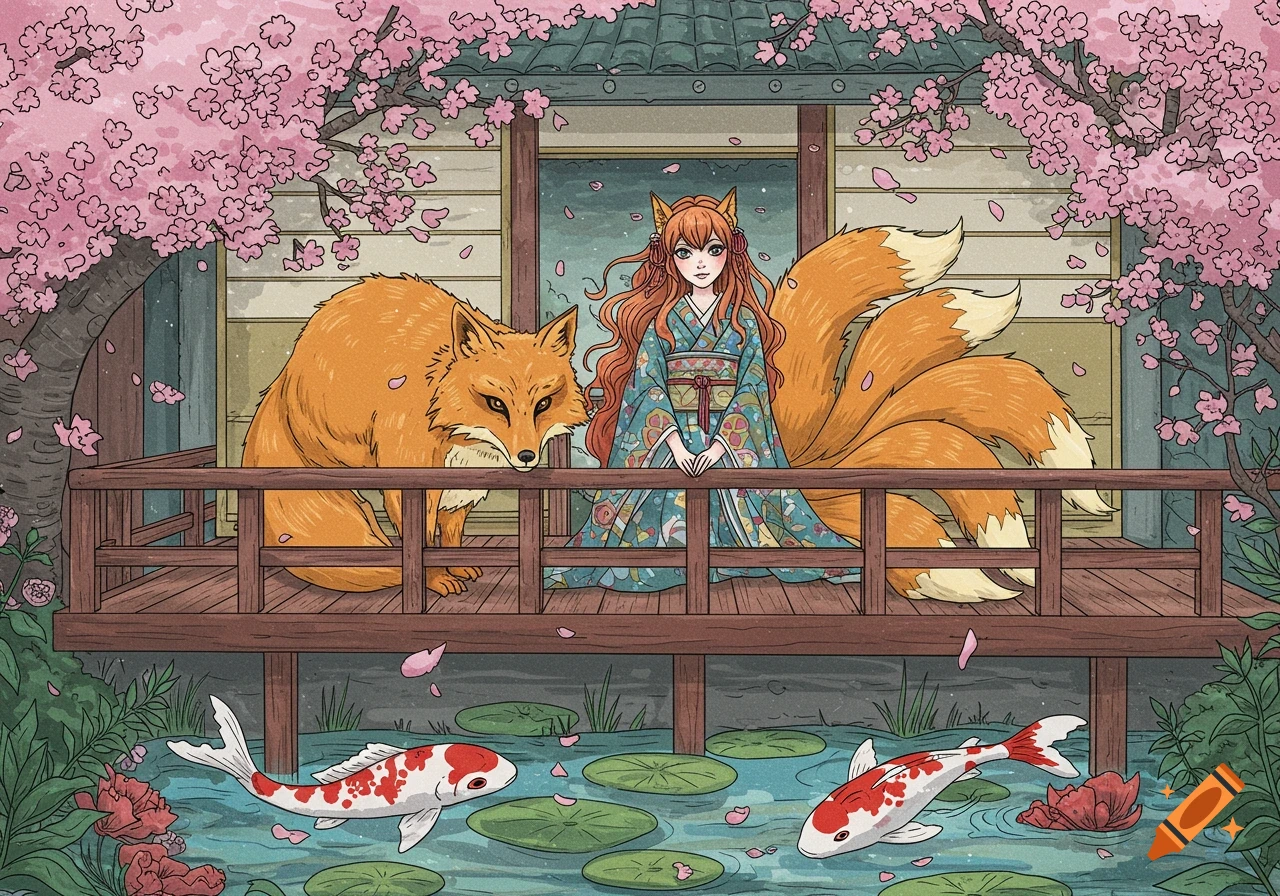 A kitsune girl and a large fox sit on a Japanese house porch overlooking a koi pond under blooming cherry blossom trees, in a line-art coloring book style.