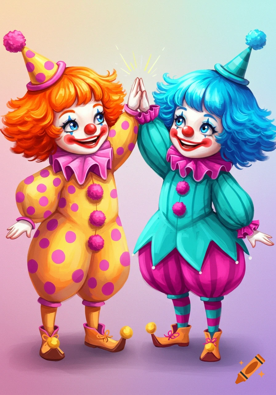 Two cute cartoon clowns in colorful costumes high-fiving