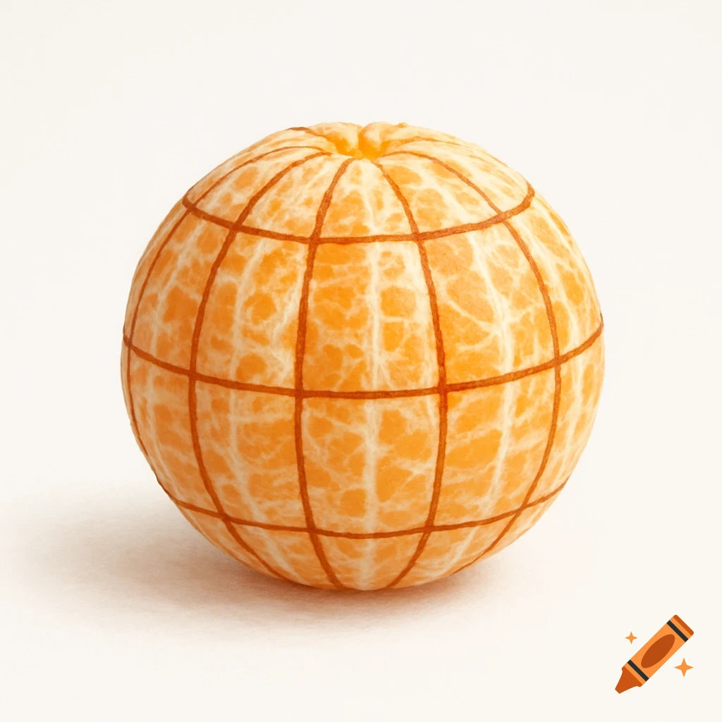 A peeled orange with latitude and longitude lines drawn on it, against a white background.