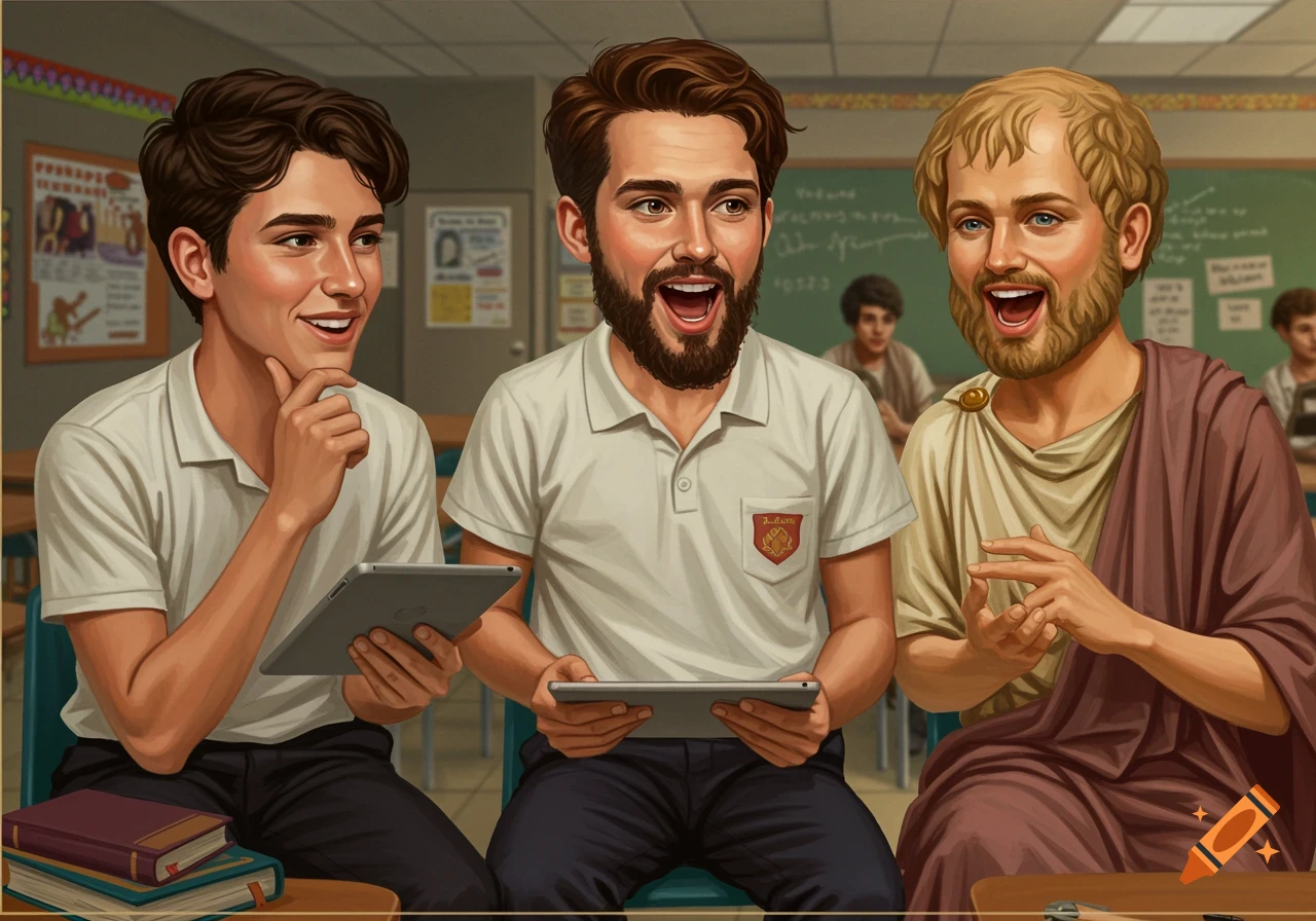 Three men, one resembling a Greek philosopher, in a classroom with tablets.