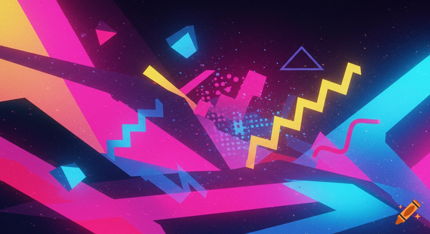 Abstract background with geometric shapes in pink, blue, yellow, and orange, evoking a retro 1980s style.