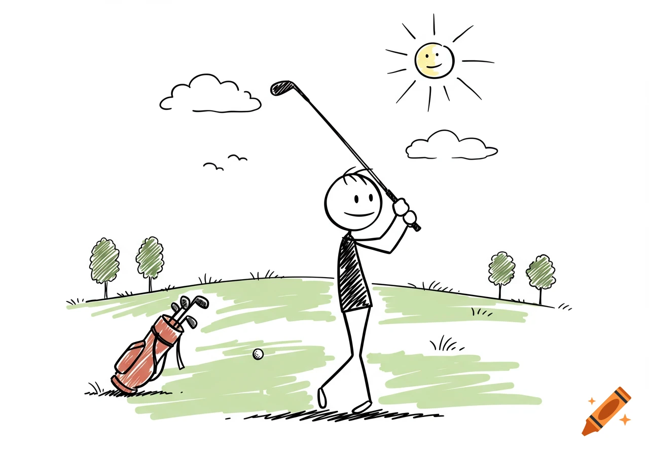 Stick figure golfer swings a club on a sunny course with a golf bag and ball.