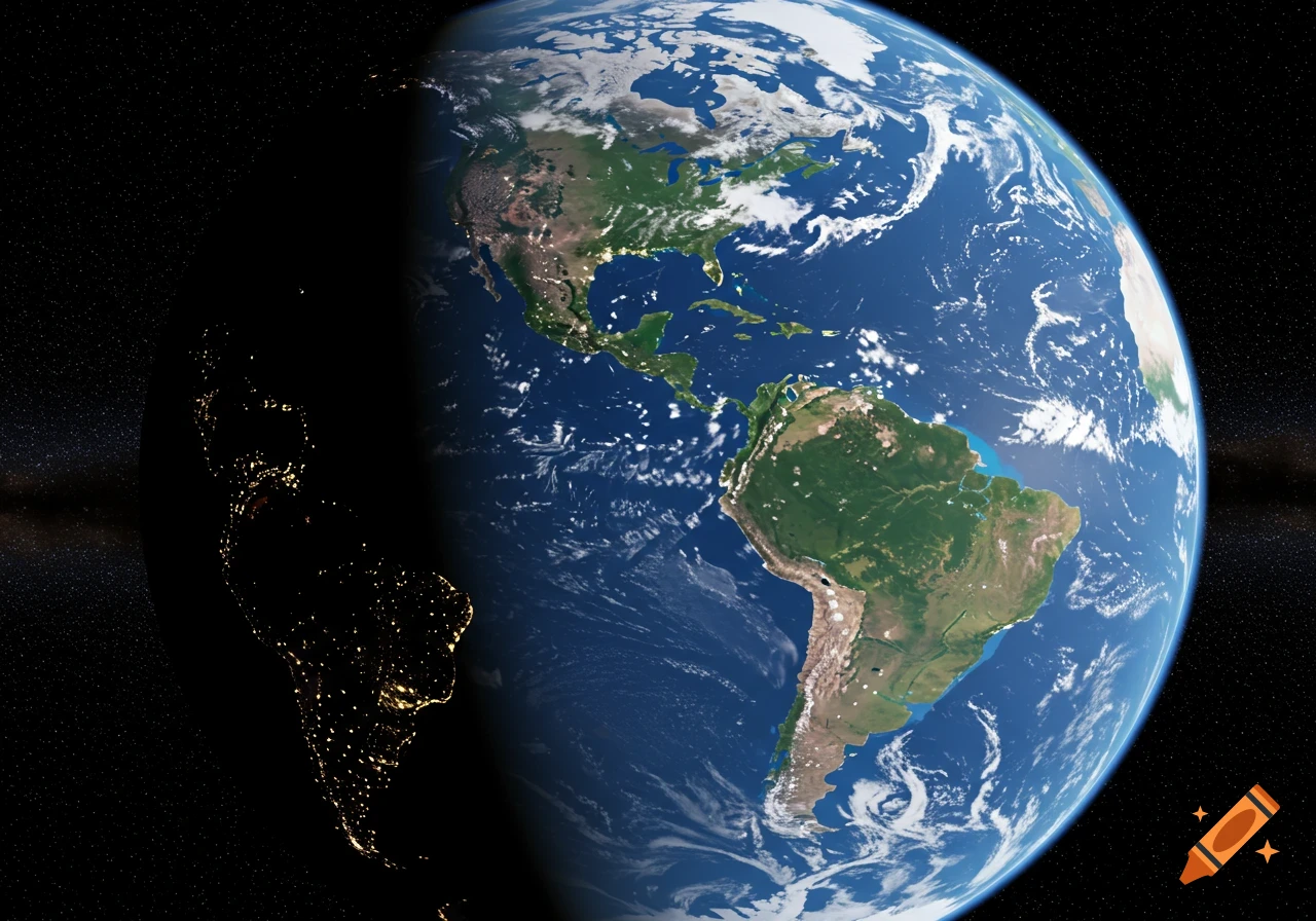 View of Earth from space showing North and South America in daylight and city lights on the night side.