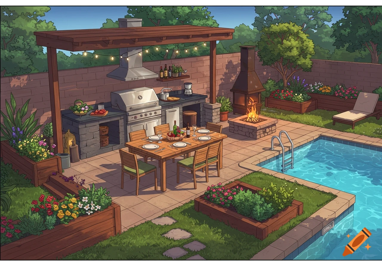 Stylized illustration of a backyard patio with an outdoor kitchen, dining table, fire pit, pool, and garden beds.