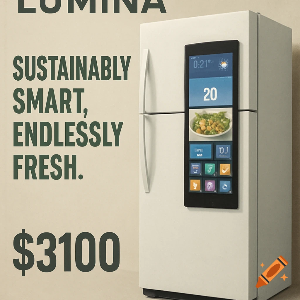 A white smart fridge with a vertical screen on the door and text on the wall advertising its features and price.