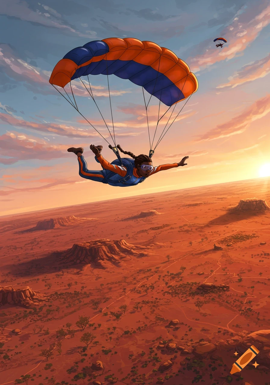 Illustration of a person skydiving with a parachute over a red desert landscape at sunset.
