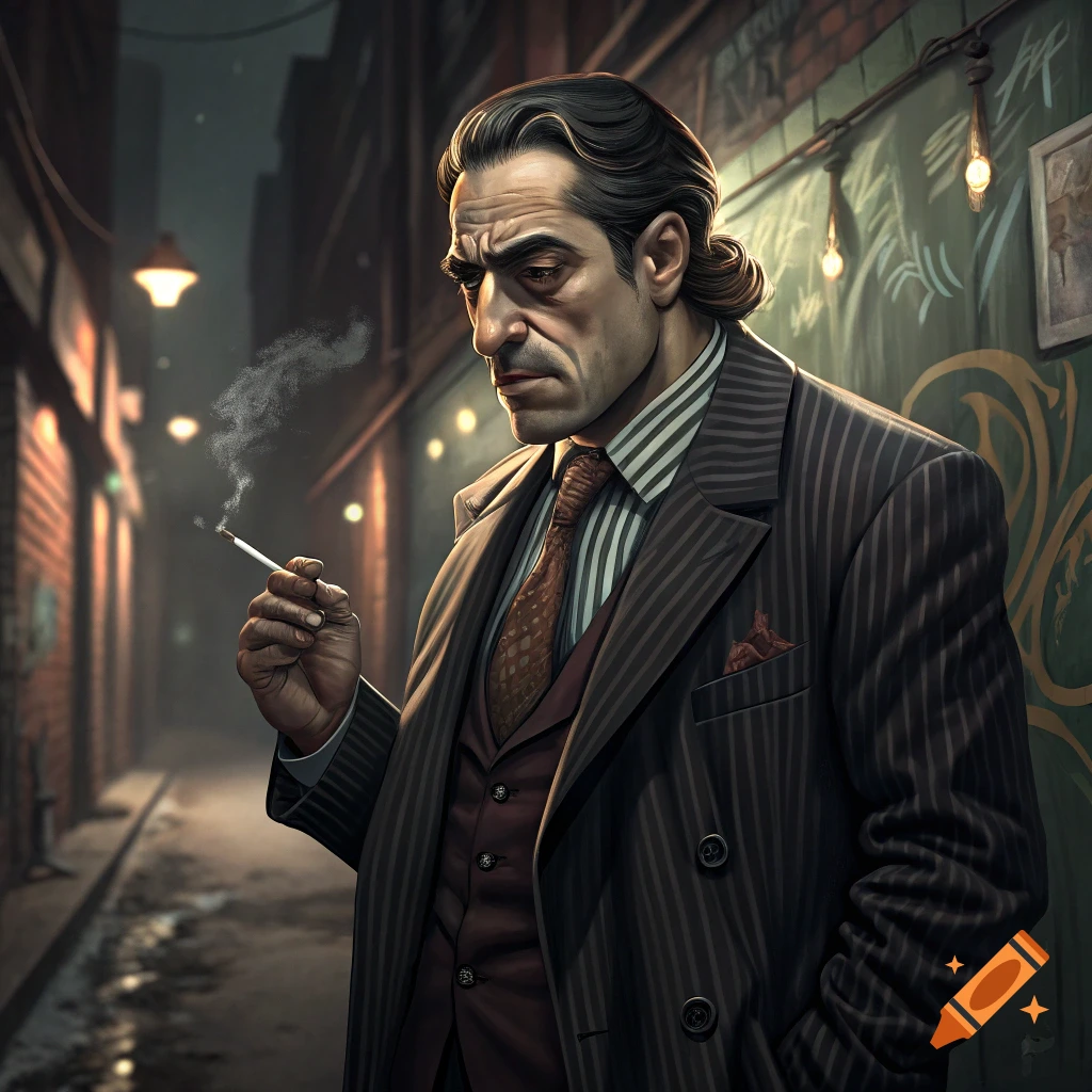 Man in pinstripe suit smoking in a dark alley