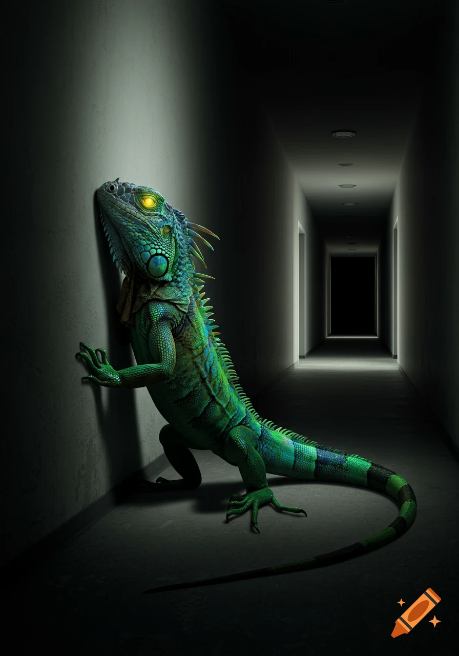 A large, green iguana with glowing yellow eyes stands on its hind legs, leaning against a wall in a dimly lit hallway.
