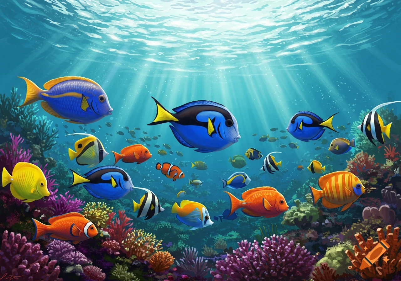 Colorful fish swim among coral in a sunlit underwater scene, illustration.