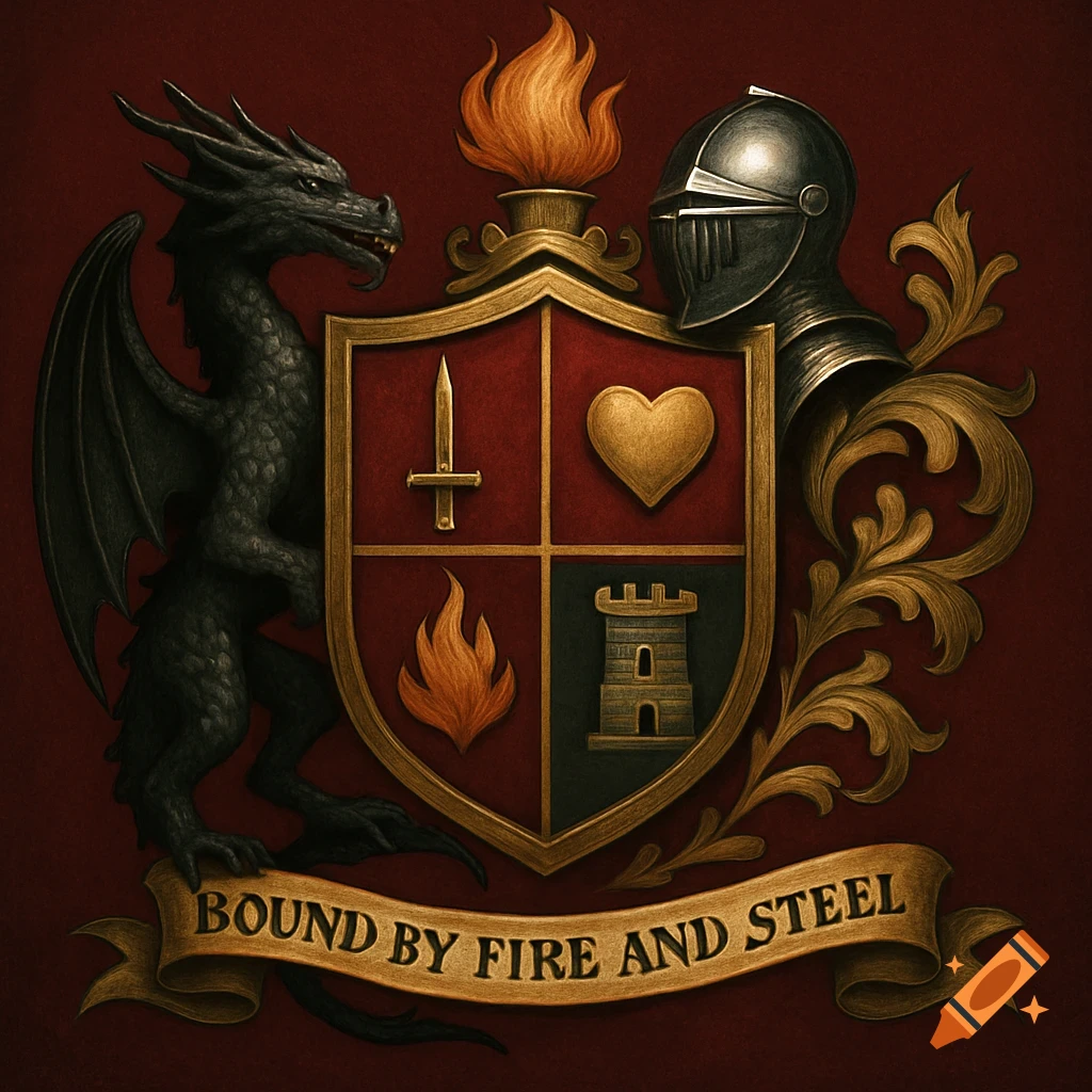 Detailed coat of arms illustration with dragon, shield, helmet, and banner saying 'BOUND BY FIRE AND STEEL'